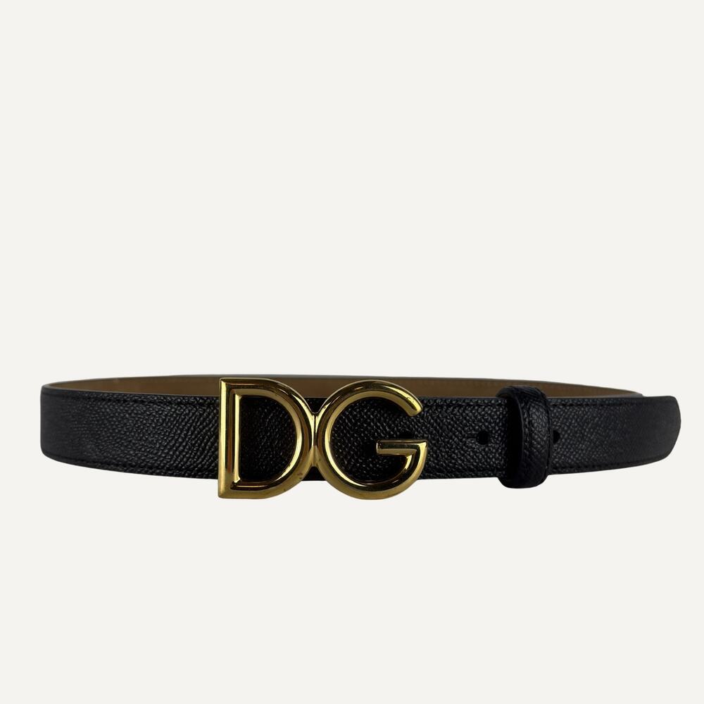 Dolce Gabbana Reversible Leather DG Logo Belt Black Tan Gold Buckle 30 Inch